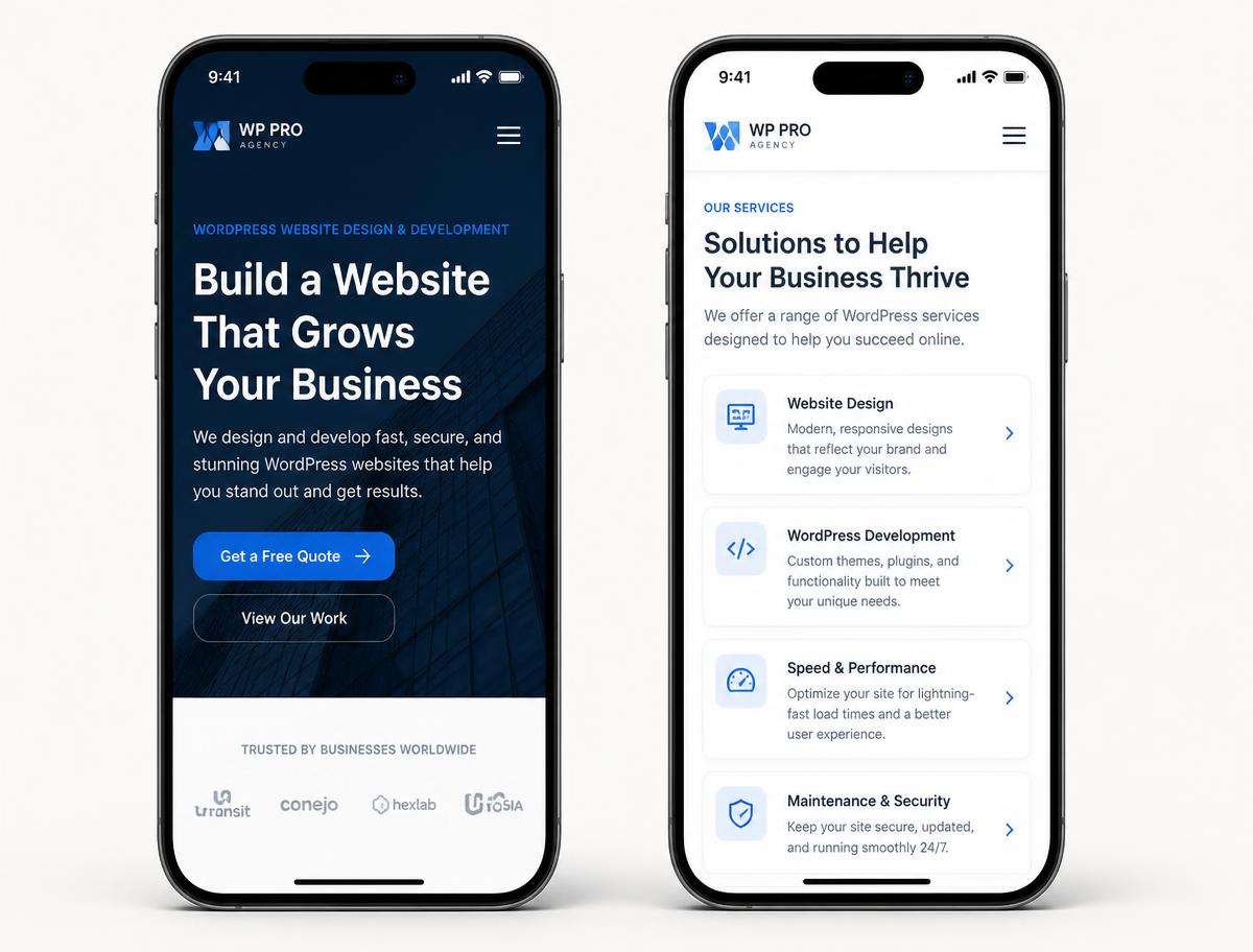 Mobile WordPress business website hero and services list