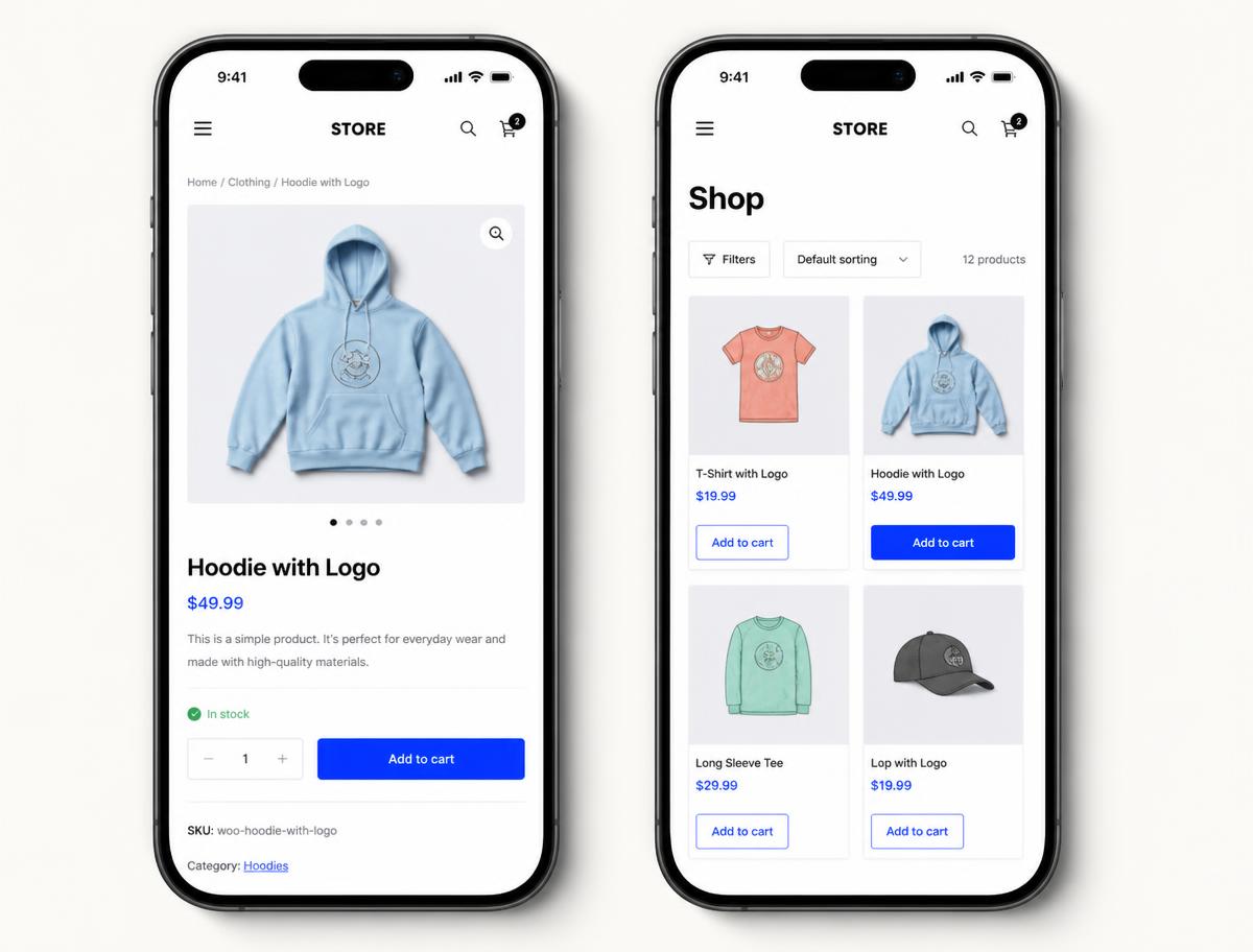 Mobile WooCommerce product page and shop grid