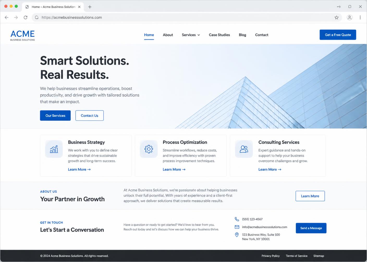 Desktop mockup of a professional WordPress business website homepage