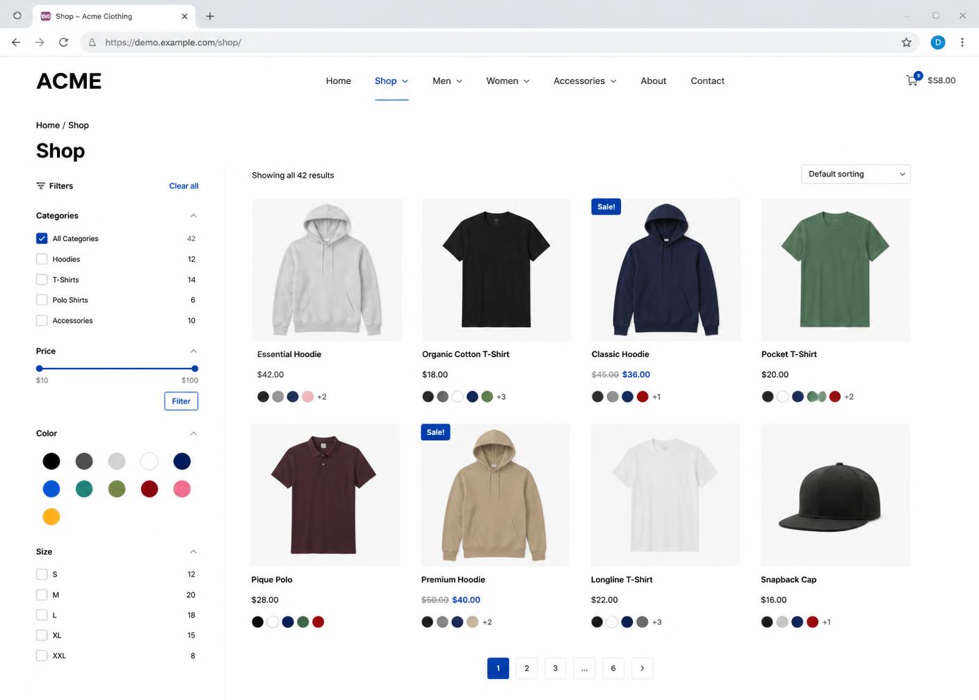 Desktop mockup of a WooCommerce product catalog with filters and product grid