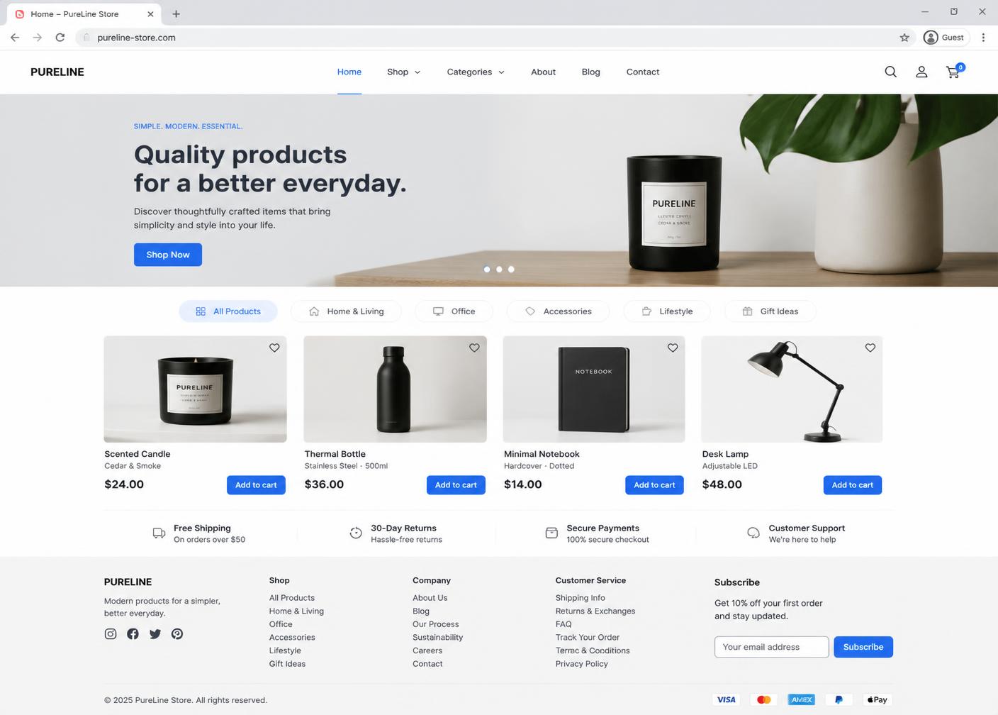 Desktop mockup of a modern WooCommerce storefront homepage with product grid