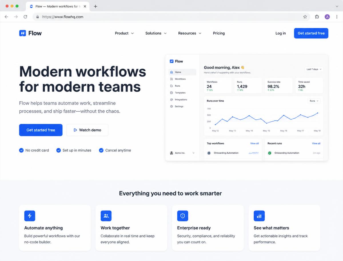 Modern WordPress website interface with a bold hero section and feature cards